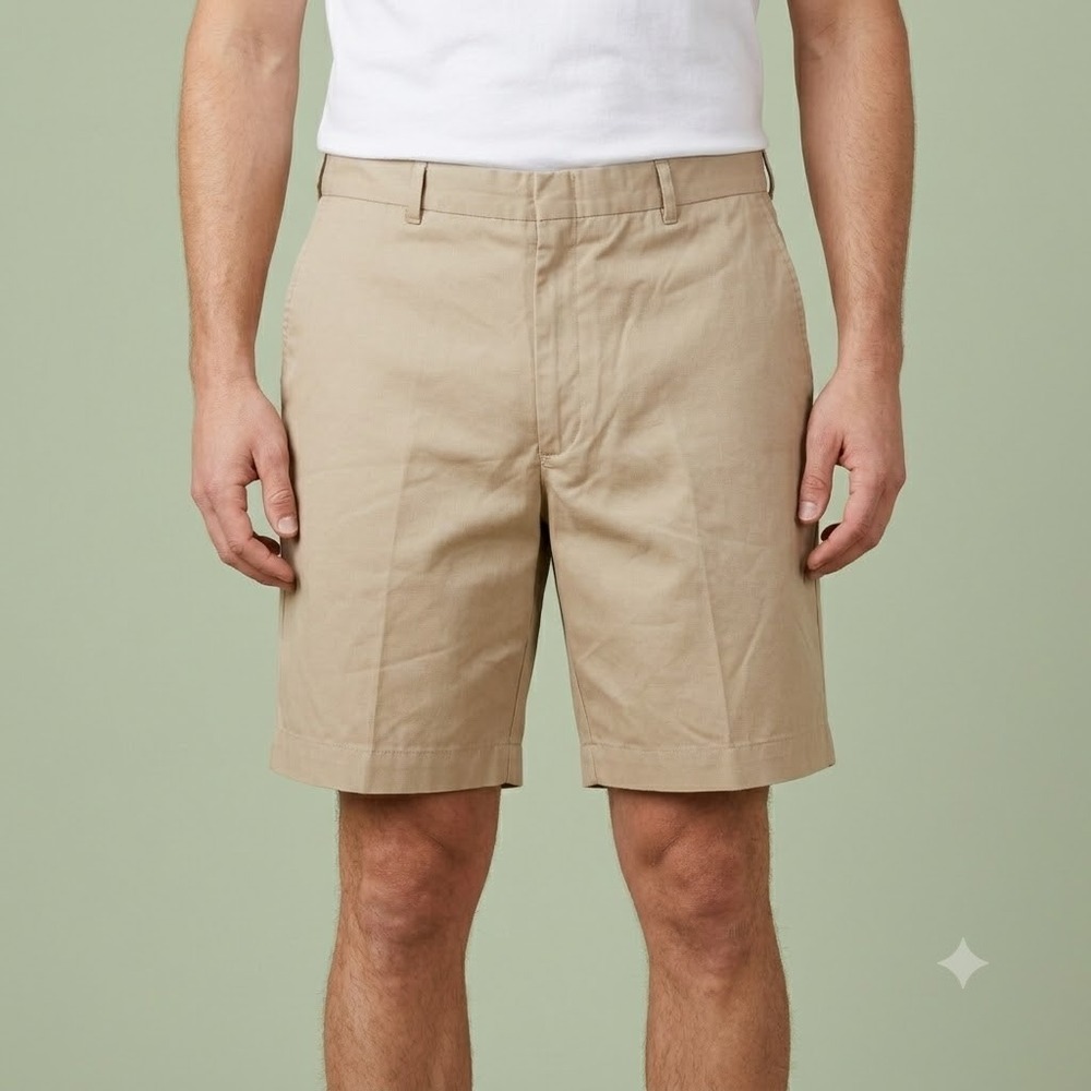 Berle Mens Khaki Shorts 38R Tan Pleated Front 100% Cotton Chino Made in Mexico